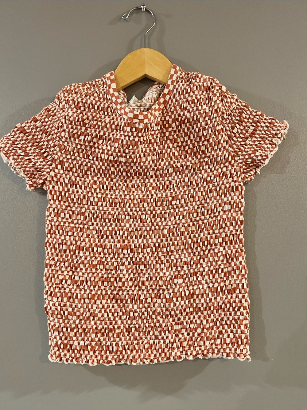 American Eagle Outfitters Girls' Rust and White Smocked Short-Sleeve Top